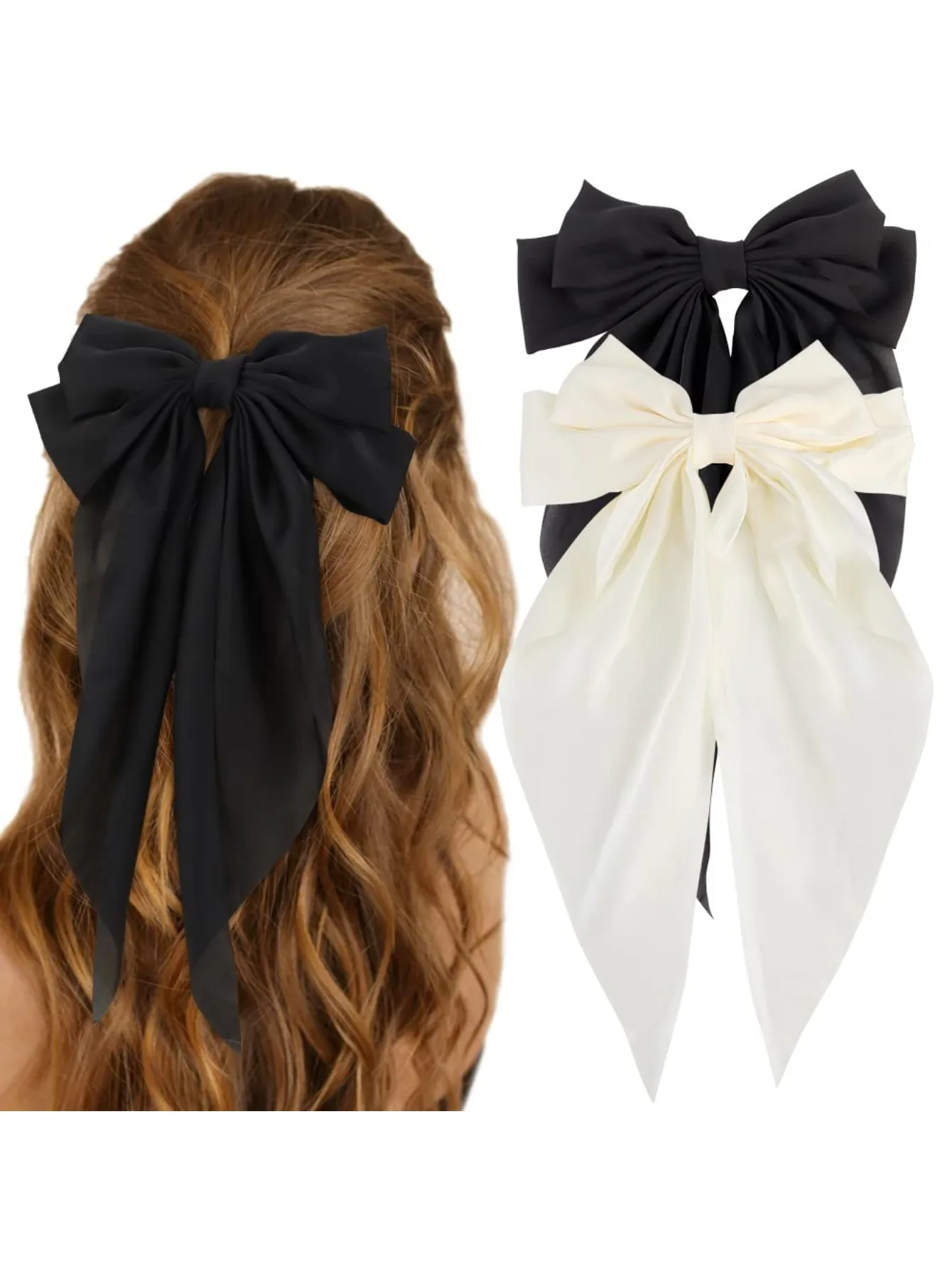 

2PCS Silky Satin Hair Bow, Ladies Big Bow Headband, Black Hair Bow, Large Headband Hairpin, Metal Clip Bow
