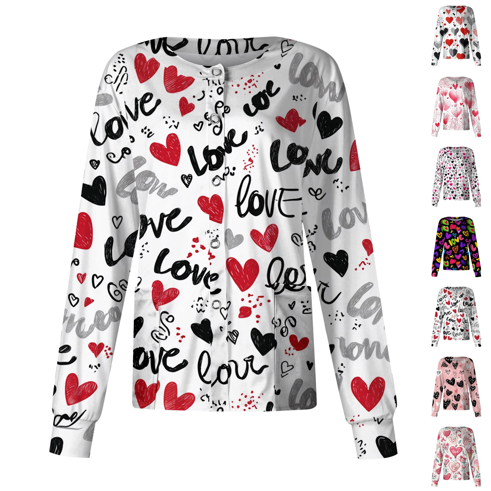 女性用カジュアル長袖シングルブレストバレンタインデープリントユニフォームトップ、医療ユニフォーム、歯科手術ユニフォーム