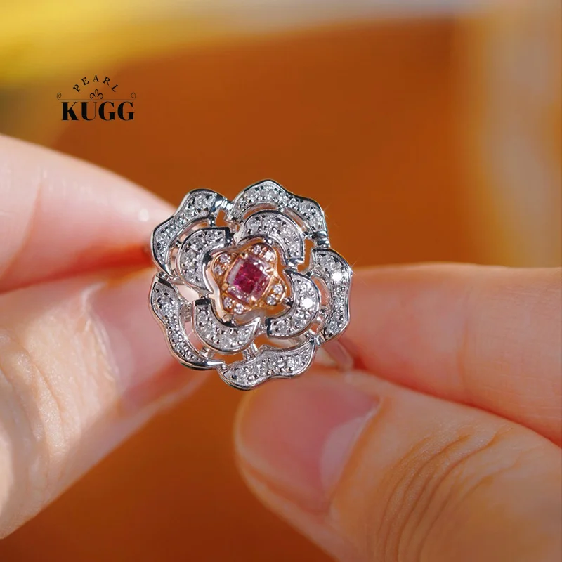 KUGG 100% 18K White Gold Rings Luxury Flower Shape Real Natural Pink Diamond Ring for Women Senior Banquet Fine Party Jewelry