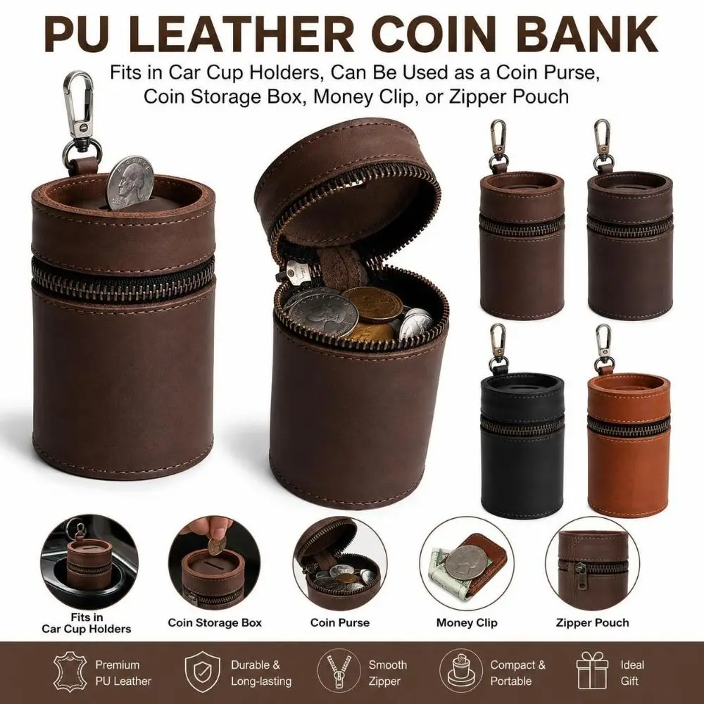 PU Leather Coin Bank Zipper Closure Round Cylinder Shape Coin Storage Pouch Vintage Style Coin Slot Keychain Coin Holder