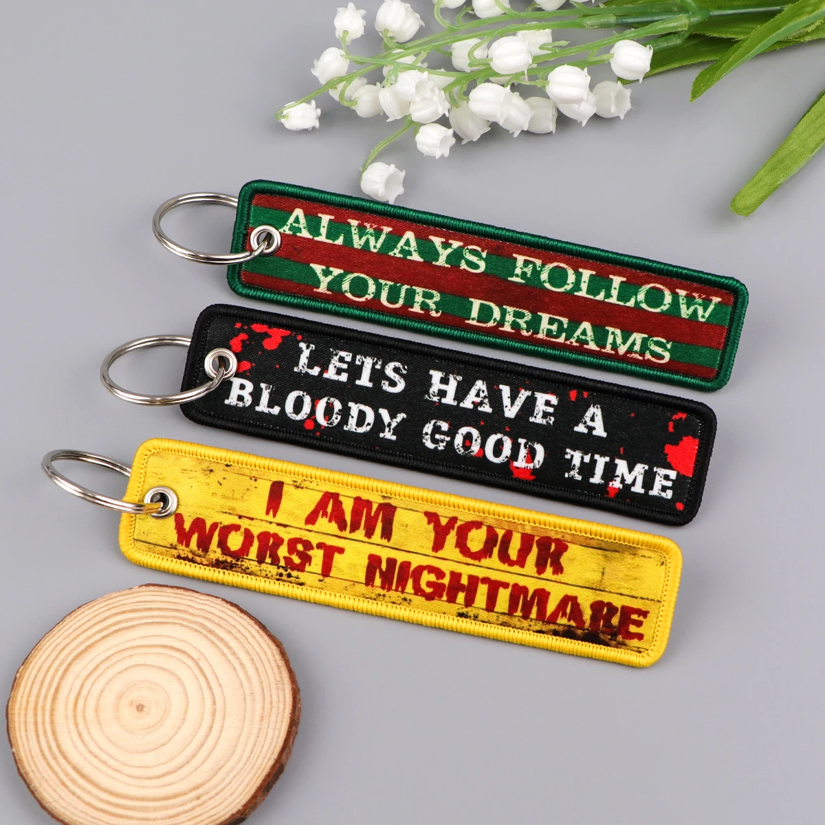 Movie Retro Key Tag Embroidery Key Fobs Keychains for Car Motorcycles Keys Holder Keyring Halloween Jewelry Accessories Gifts