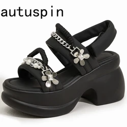 AUTUSPIN 8.5cm Women Punk Sandals Fashion Quality Leather High Platform Wedges Heels Ladies Party Nightclub Chain Shoes Black