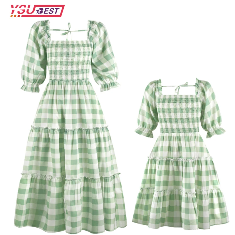 

Family Look Clothes Mother and Daughter Matching Dress Grid 2022 Summer Short Sleeve Dress Mommy and Me Dress Outfits 6 Color