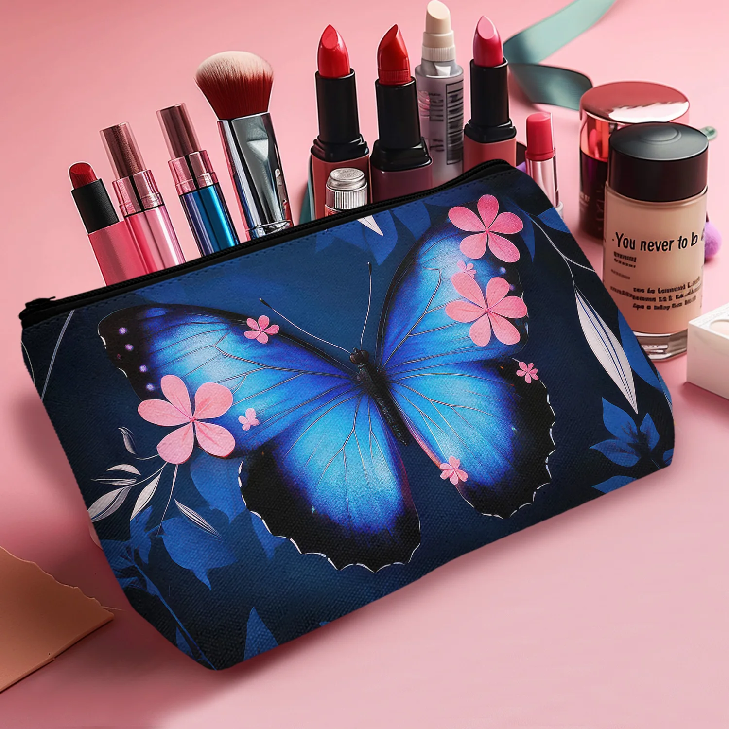 1Pc Blue Butterfly Makeup Bag Travel Toiletry Bag Portable Animal Art Cosmetic Storage Bag For Women Cosmetic Bag 8.66X5.51Inch