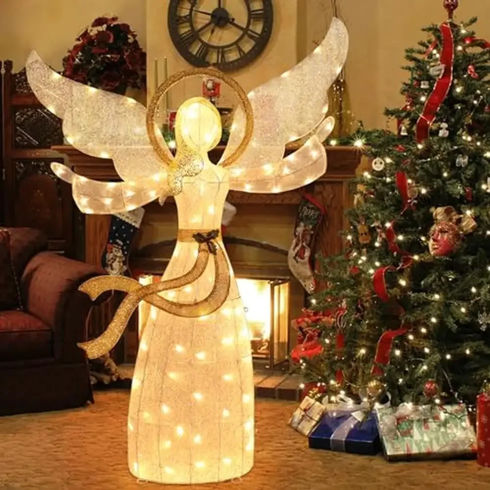 6FT Outdoor Pre-lit 3D Glittered Angel with 90 LEDs Lighted Up Standing Ornament Metal Frame with Halo Symbol Christmas Yard