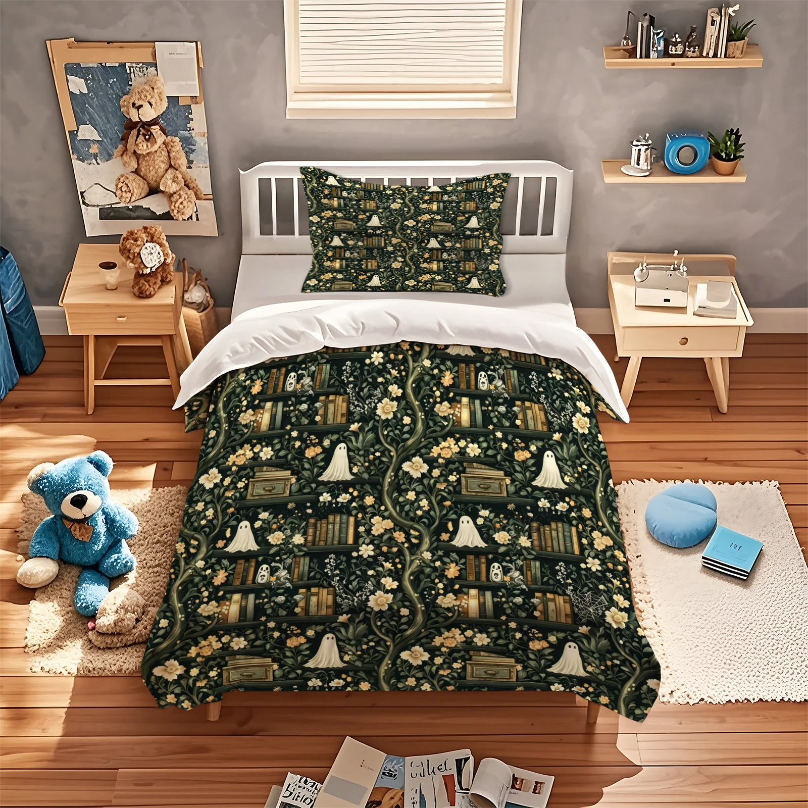 Vintage Ghost Floral Bookshelf Duvet Cover Set Cozy Dark Green Gothic Halloween Bedding Set Botanical Flower Ghost Bed Cover
