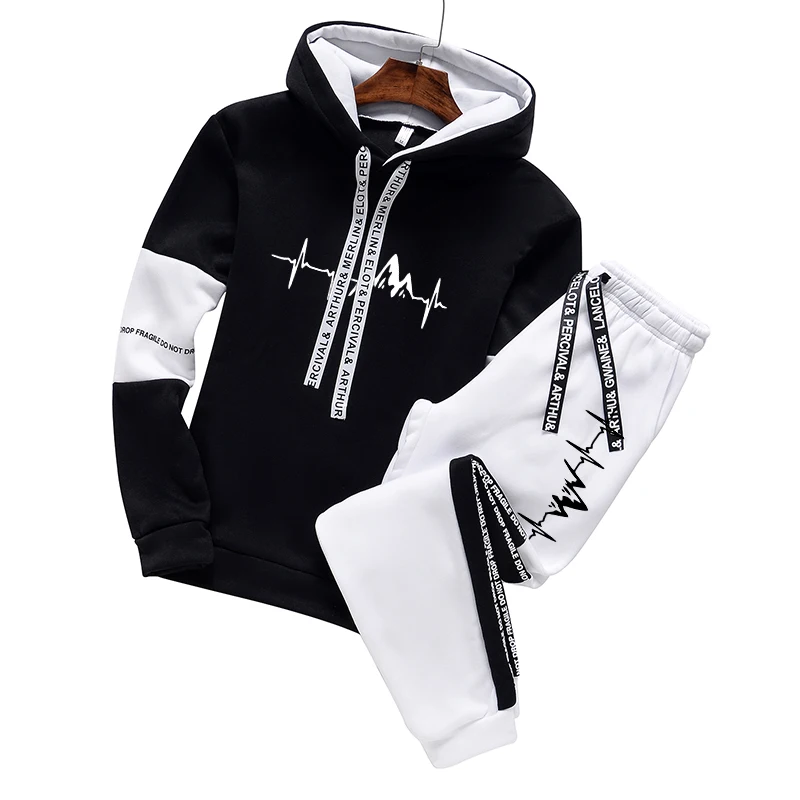 

Mens Tracksuit 2 Piece Set Casual Hooded Sweatshirt+Sweatpant Suit Daily Sports Jogging Clothing Autumn Winter BlackWhite Outfit