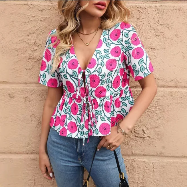 

2026 Floral V-neck Lace-up Waist Top Ruffle Edge Short Sleeve Snow