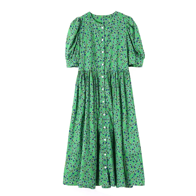 Summer Casual Vestidos Floral Print Dresses Ladies Short Sleeve Retro Long Dress Female 2023 M-4XL Loose Green Women Dress 15686