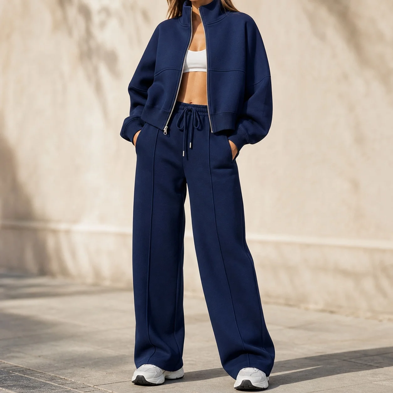 Women's Matching Hoodie Set Long Sleeve Zipper Solid Color Drawstring Casual 2-Piece Tracksuit with Long Pants Wrinkle Resistant