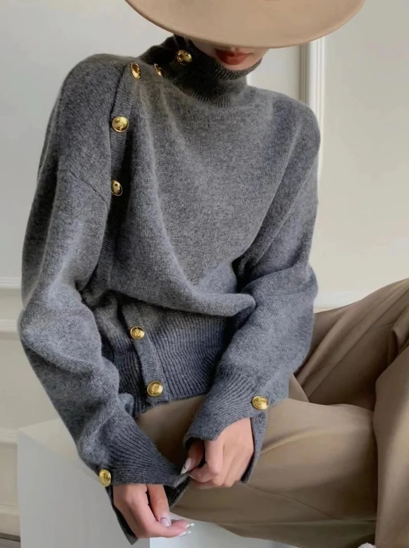 

Женский трикотажный свитер-гольф Sli High Ne для осени и зимы, модный базовый слой, с асимметричным дизайном и синим акцентом