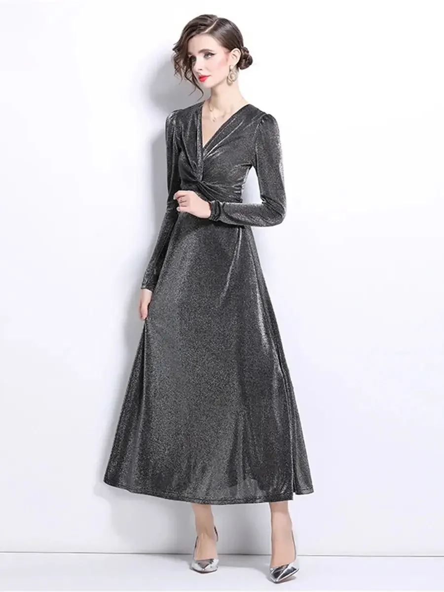 Luxury Sparkling Silver Silk Twisted Pleated Party Formal Occasion Dresses Women's V-neck Long Sleeve Solid Slim Midi Long Dress