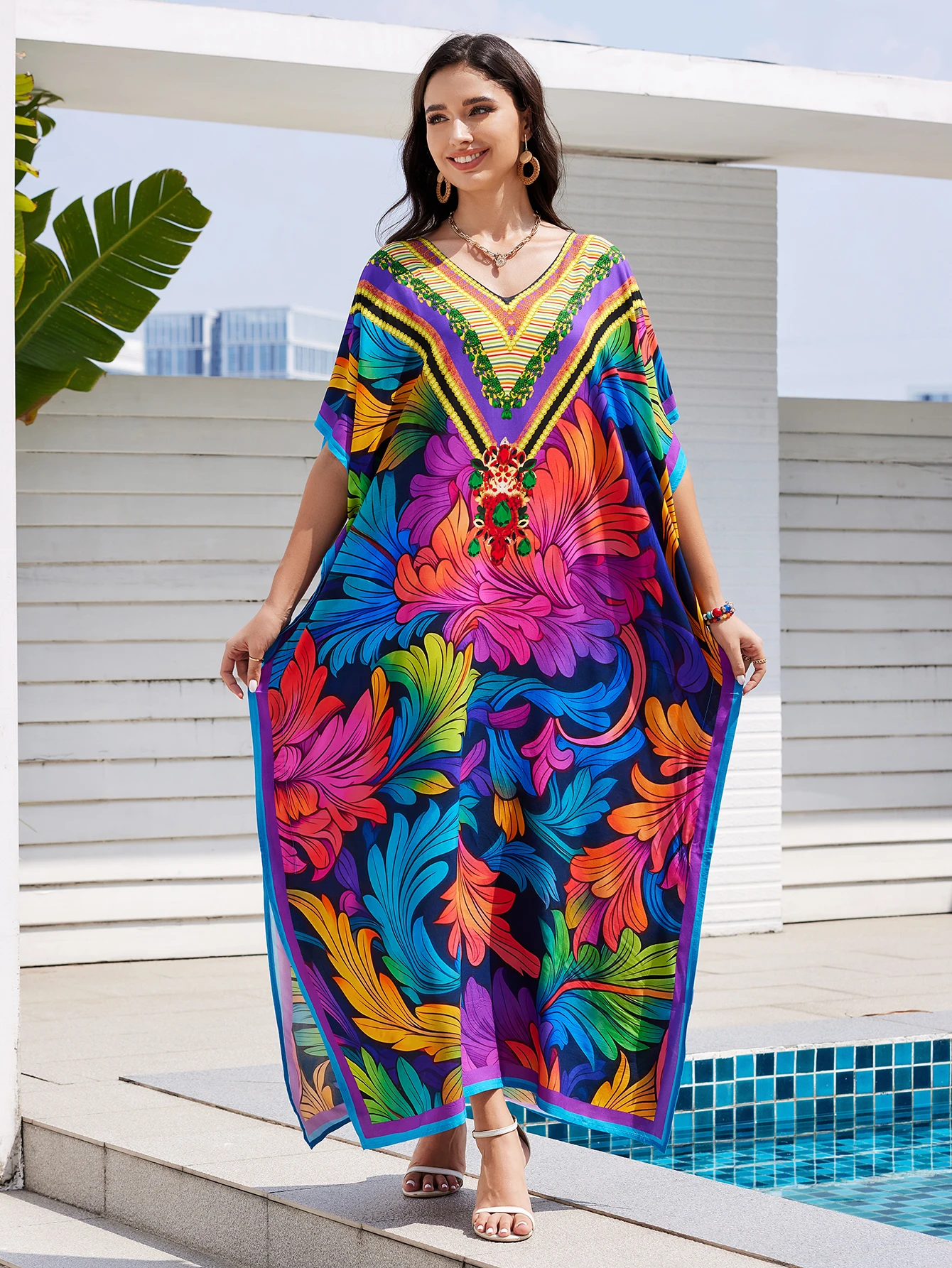 MAKABO Kaftan-jurken voor dames, V-hals Moo Moos Kleurrijke print Cover Ups Kaftan Strandjurken voor badkleding