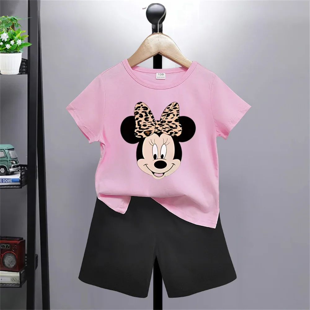 Summer 2024 Cute and Fun Disney Cartoon Boys Girls Printed T-shirt + Shorts Set Top Cotton Short Sleeve Shorts Gift