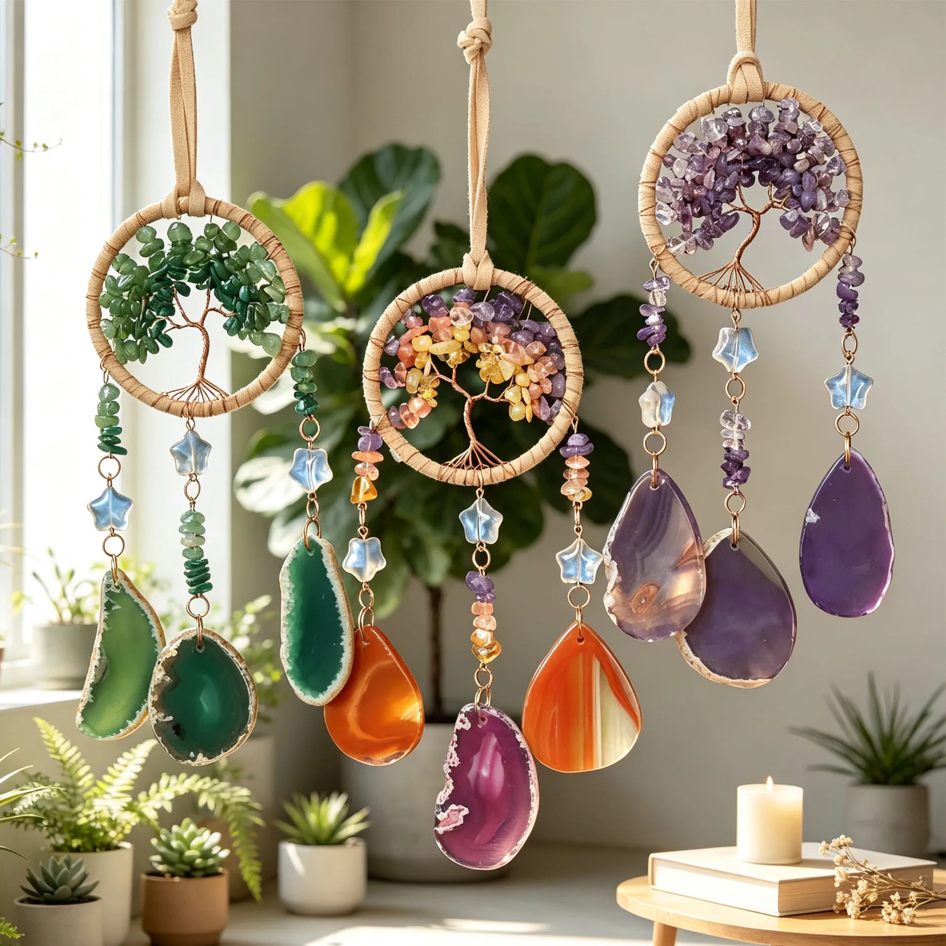 7 Chakra Tree of Life Moon Dream catchers Crystal Stone Rainbow Natural Gemstones Suncatcher Hanging Home Room Wall Decoration