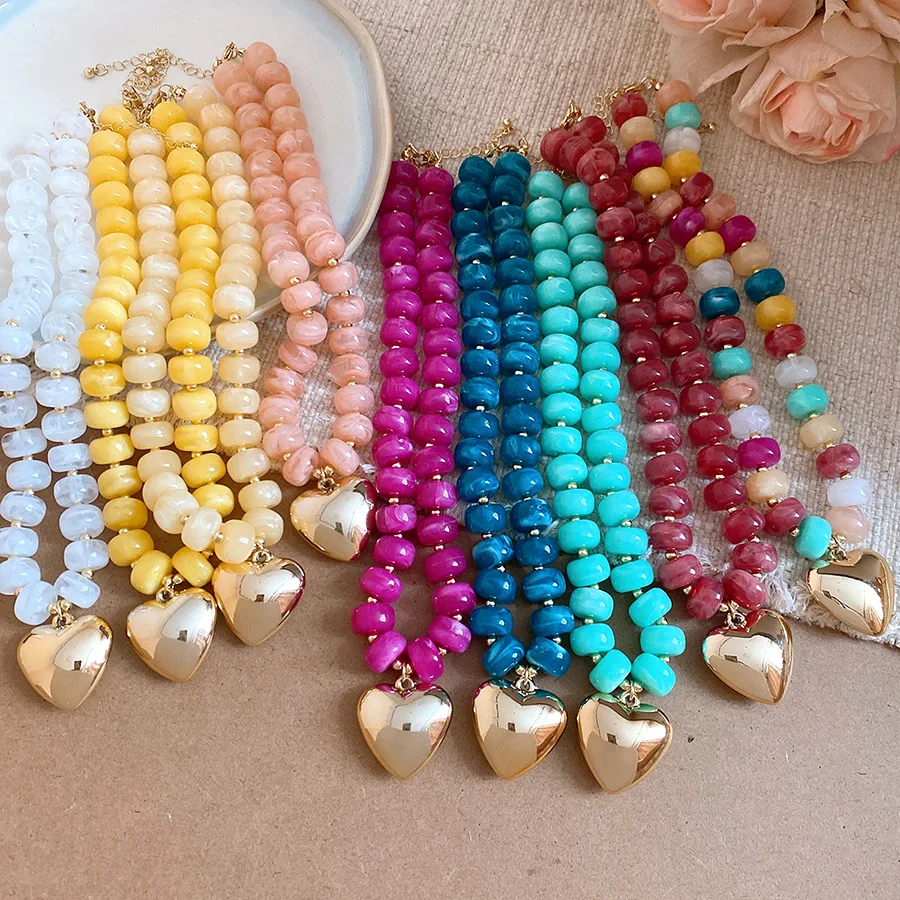 Multi-color Irregular Smudging Oval Acrylic Bead Choker Necklaces Large Smooth Cubic Heart Pendant Necklace Charms Jewelry New M