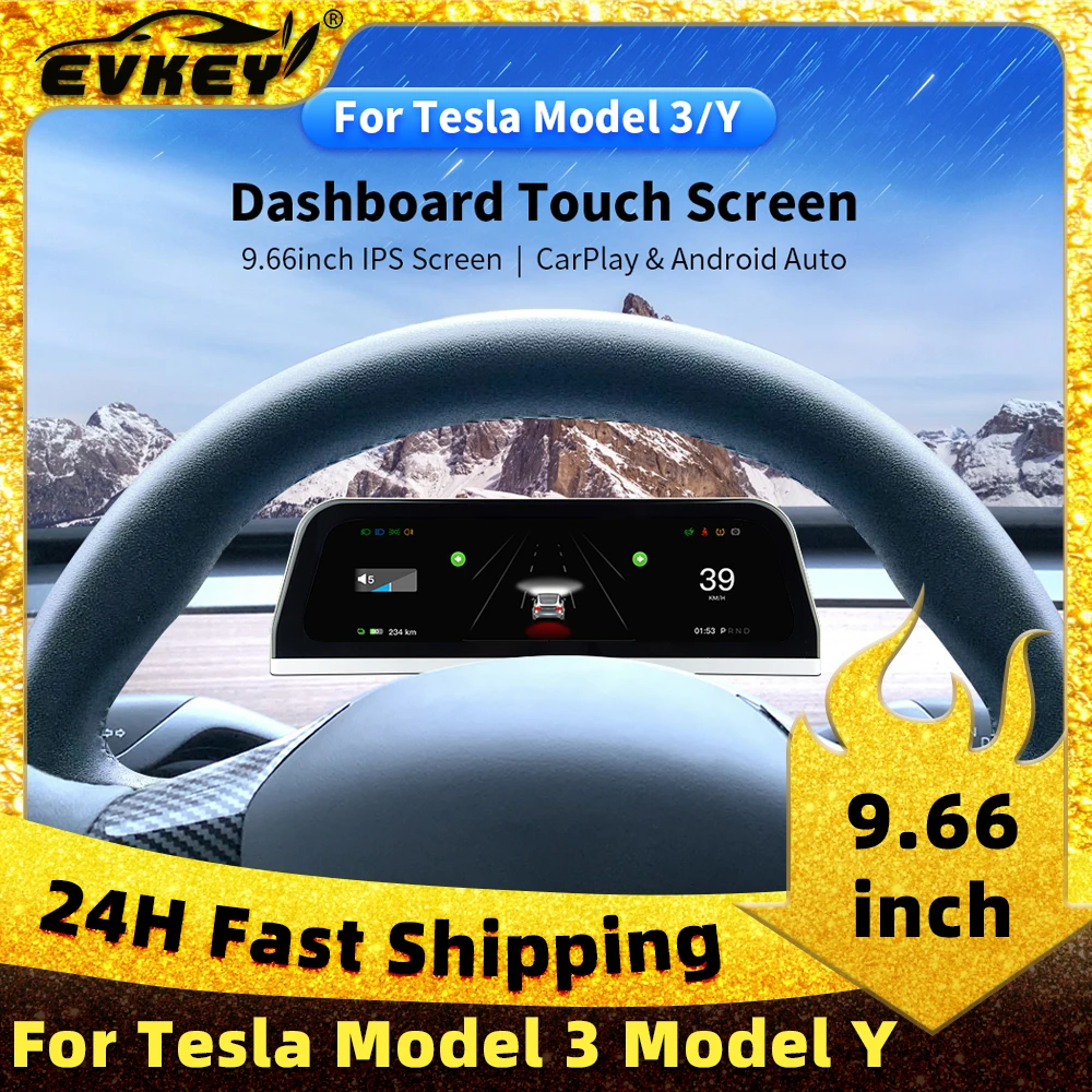 

EVKEY Digital Dashboard Heads Up For Tesla Model 3 Y Display Carplay Android Auto 9.66 Inch IPS Screen Auto HUD Power Speed