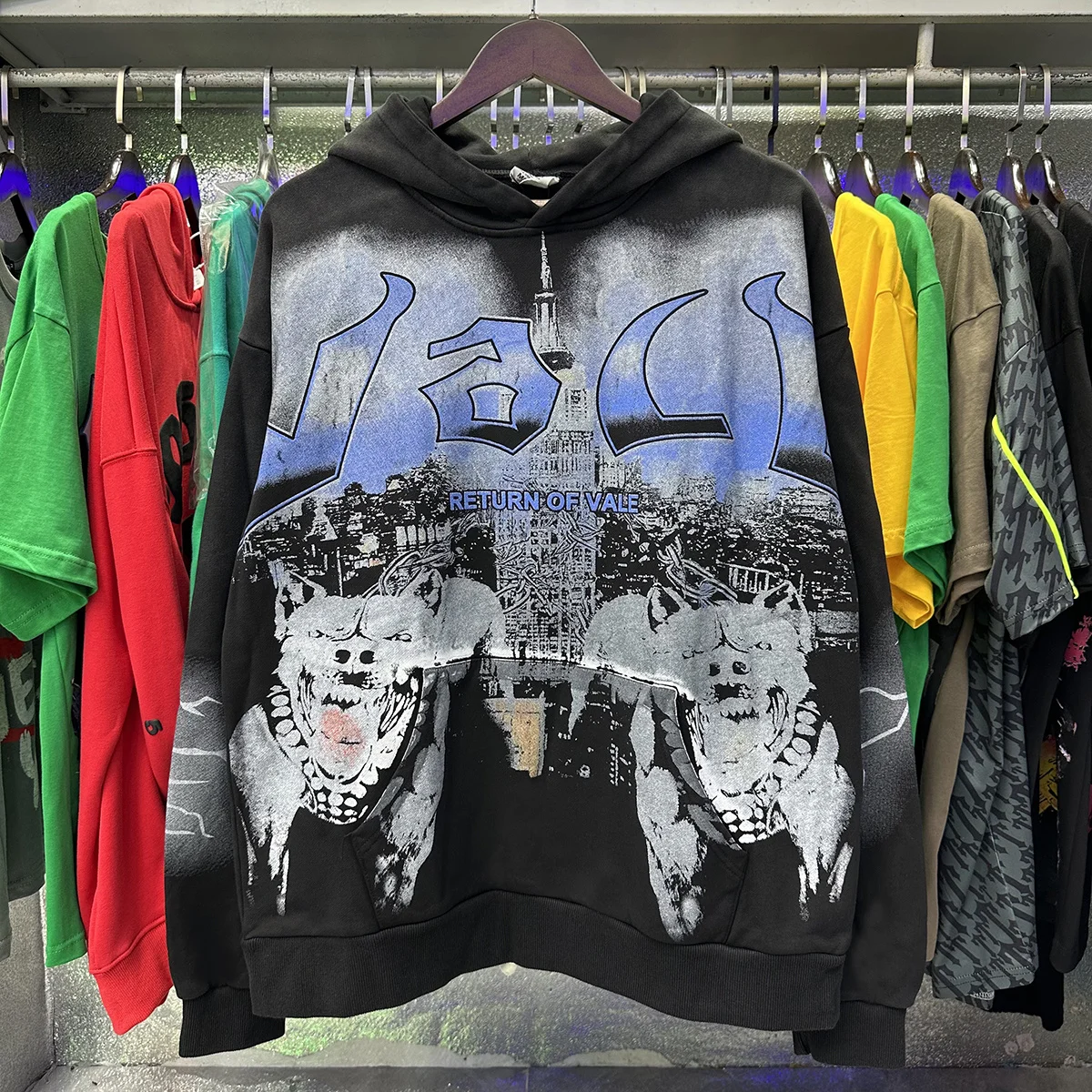 Vale Valley Retro Washed Street Hip Hop Pure Cotton Fleece Hoodie with Dog Print Casual Loose Fit Long Sleeve Sweatshirt