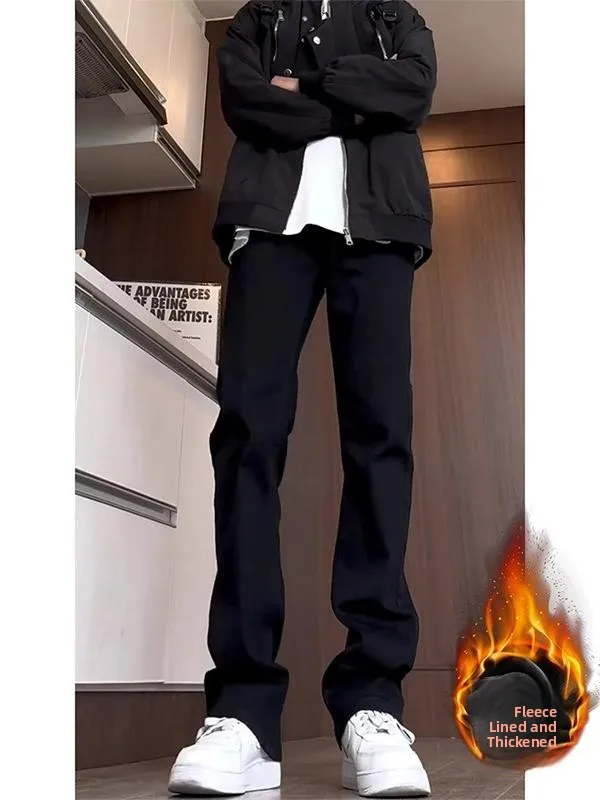 

Elastic Bla Fce Lined Straight Leg High Waist Jeans Men's Autumn Winter Thiened Slimming Capri Pants Casual Youth Jeans