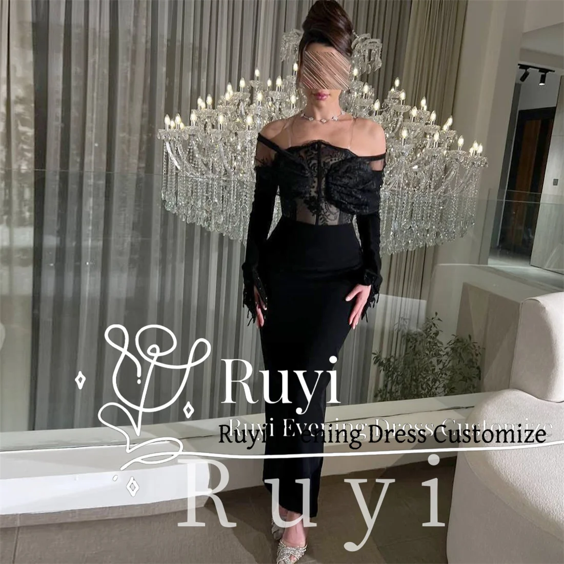 

Черное кружевное вечернее платье с открытыми плечами по индивидуальному заказу, расшитое бисером и длинными рукавами, платье для выпускного вечера длиной до щиколотки для особых случаев