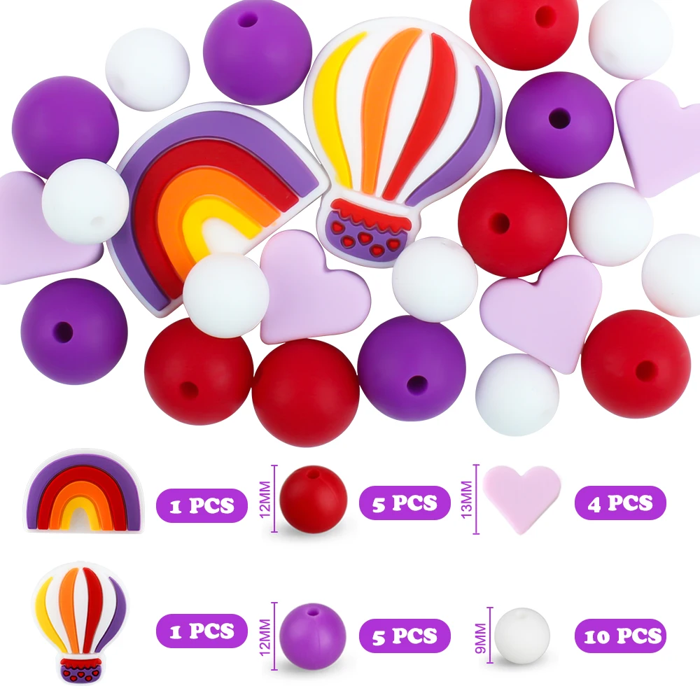 26PCS/Set Baby Silicone Beads Set Rainbow hot air balloons chew beads Teething Beads Teether BPA Free For Necklace Accessories