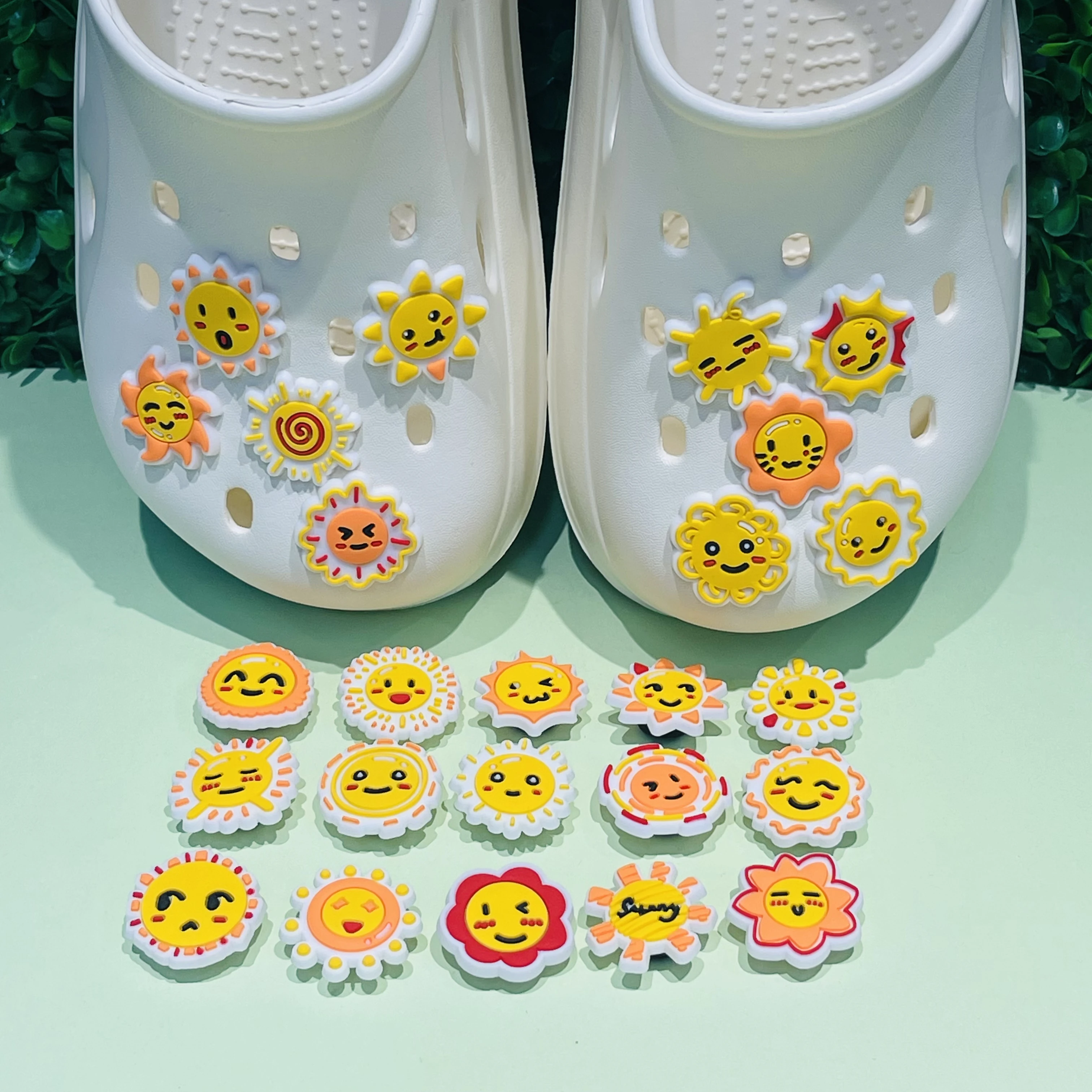 New Arrival 1-25Pcs Pretty Sunshine PVC Shoes Buckle Charms Kids Sandals Decorations DIY Yellow Sun Wristband