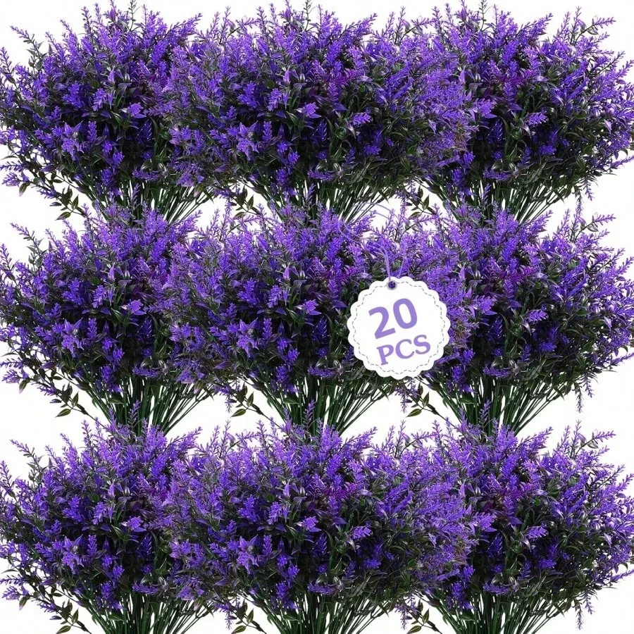 20 Artificial Lavender Flowers, Fake Outdoor Flowers, Plastic Simulation Plants, Artificial Shrubs, Flower Bouquets, Green Plants, Shrubs Suitable for Outdoor Garden Home Decoration (Purple)