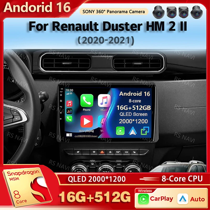 Rádio Multimídia Automotivo Android 16 para Renault Duster HM 2 II 2020 - 2021 Arkana 1 I 2019 - 2021 Auto Carplay Stereo com Comando de Voz AI