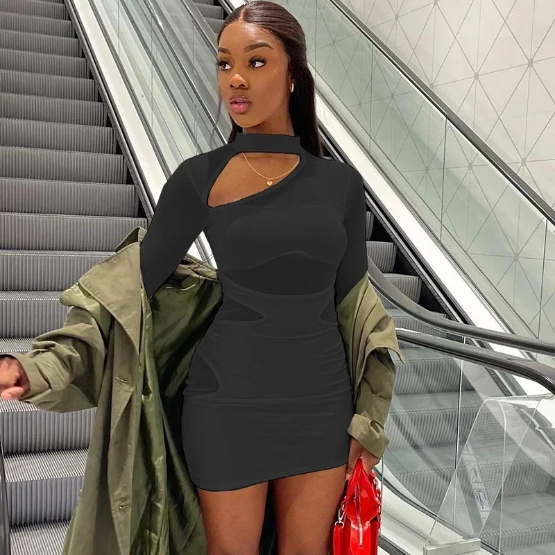 Sexy Sheer Mesh Patchwork Bodycon Mini Jurk Vrouwen Party Club Night Elastische Slanke Lange Mouwen Hol Korte Jurken Vestidos