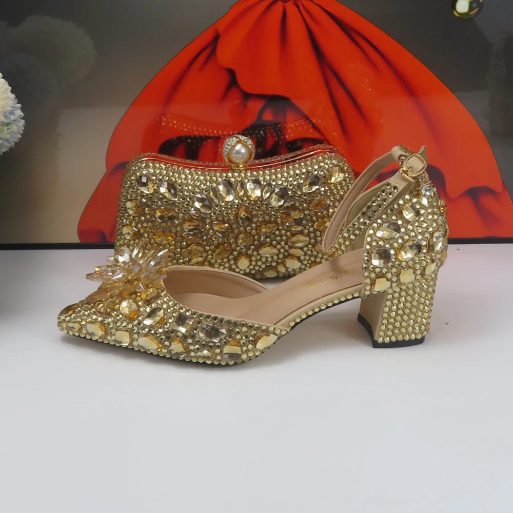 BaoYaFang Champagne Gold Wedding shoes and purse for Women Bridal Fashion High Pumps Party Shoe and bag Ankle Strap