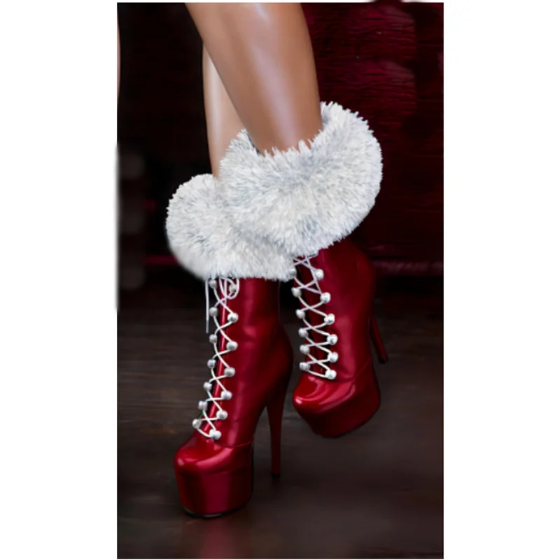 Red Fur Mid Calf Lace Up Boots Round Toe Thin High Heel Fashion Sexy Cool Winter Big Size 2025 Woman Shoes Zapatillas Mujer