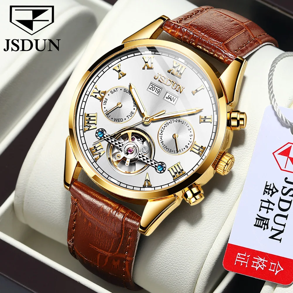 JSDUN Top Brand Automatic Mechanical Men\'s Watches High Quality Waterproof Wrist Watch Men New Leather Strap Business Men Watch