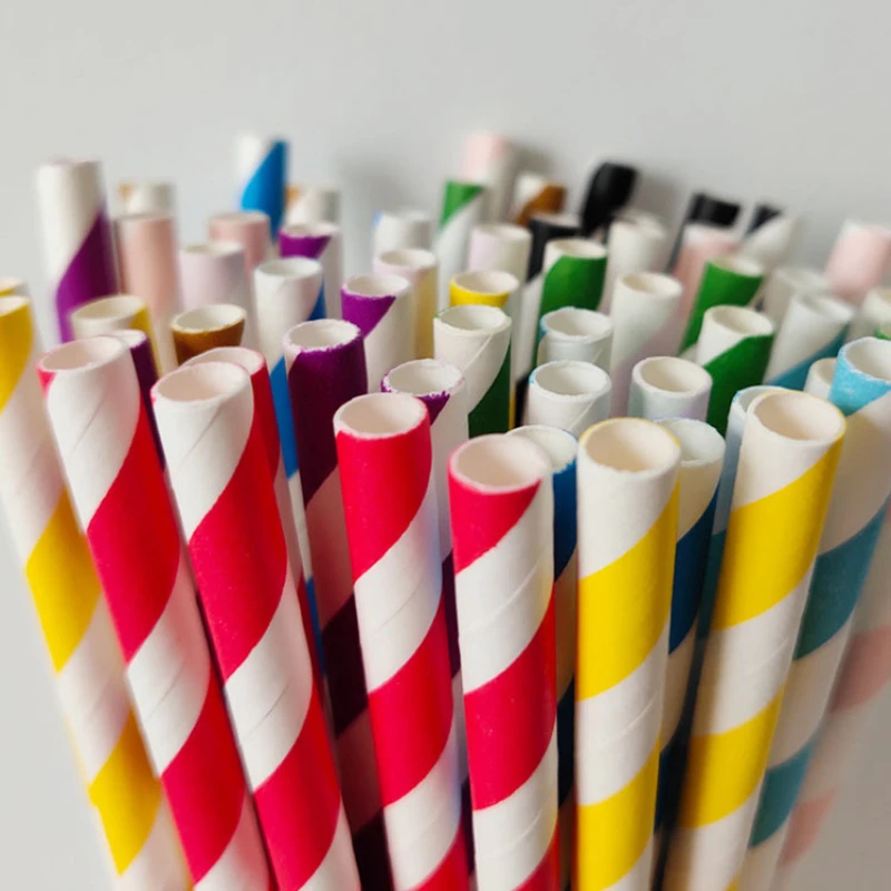 2024 New Disposable Paper Straw Degradable Paper Striped  Milk Tea Color Multi-color Paper Tube Bar Restaurant Kitchen Home