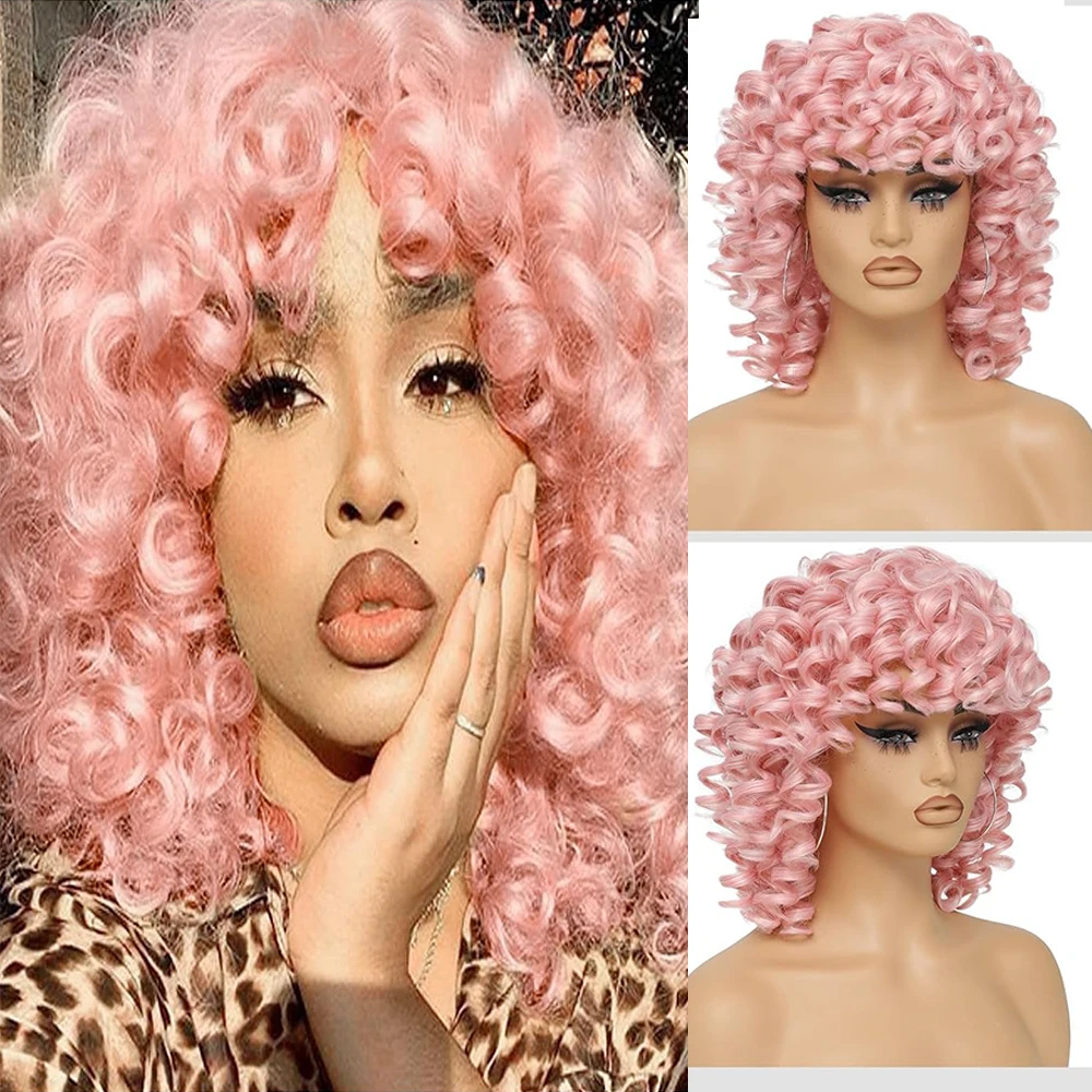 

14-дюймовый розовый кудрявый парик с челкой, термостойкий парик из синтетического волокна, подходит для костюмированных игр на Хэллоуин и Рождество.