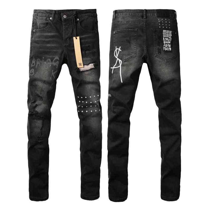 American Fashion Brand KSU New Black Printed Ripped Jeans Male Personality Patch Elastic KSUBI Slimming Show Small Feet