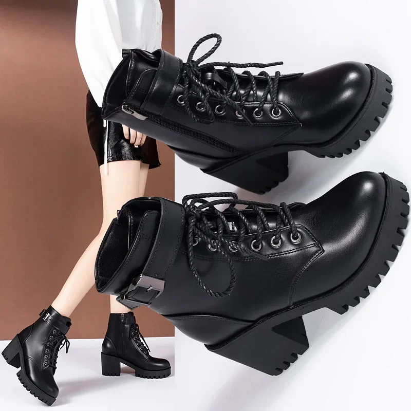 2024 Women\'s Solid Chunky Heel Boots Fashion Lace Up Shoes for Women Side Zipper Boots Stylish Buckle Strap Detailed Ankle Boots