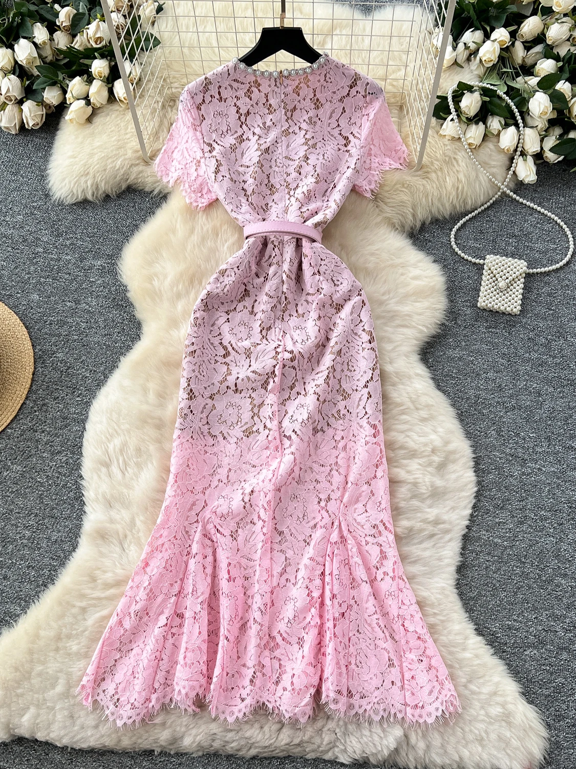  Lace ort Sve round Ne Fi Tail Dr Women's High Waist A-Line Skirt Summer Commute Sle Polyester Fiber