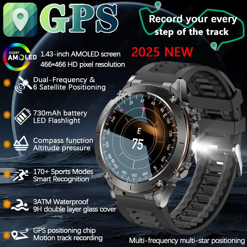 GPS Smart Watch Männer AMOLED HD Bildschirm 730 mAh Batterie LED Beleuchtung Kompass Höhe Barometer