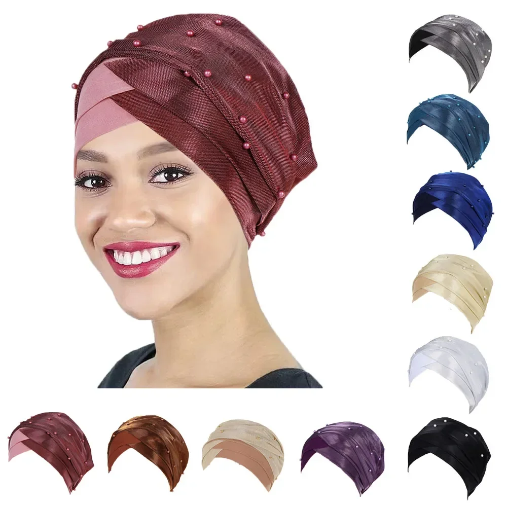 Perles femmes musulmanes croix intérieure Hijab casquette paillettes bandeau écharpe Stretch bonnets chapeau indien Turban perte de cheveux casquette chimio chapeaux