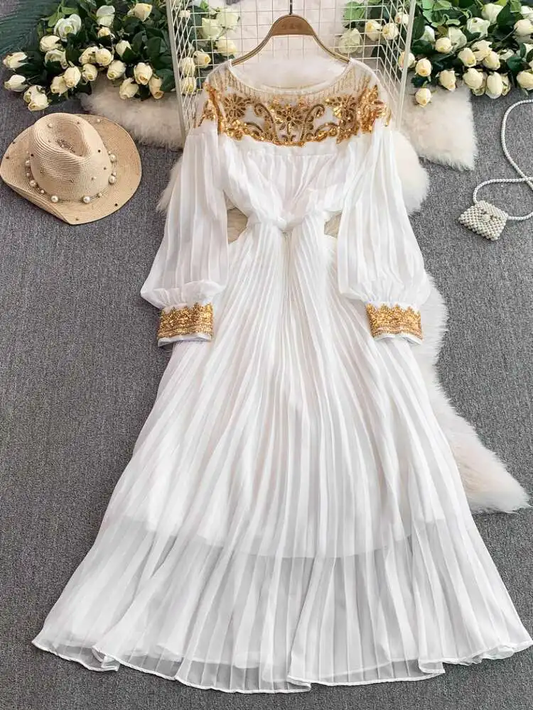 Luxury Crystal Sequins Formal Evening Dress Women Summer Autumn Long Sleeve Pearl Chiffon Dresses Prom Party Maxi Vestidos