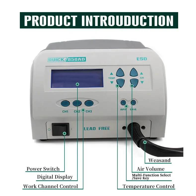 Original 1300W 220/110V QUICK 856AD Heat Gun Lead Free Hot Air Soldering Station Microcomputer Temperature Rework Station