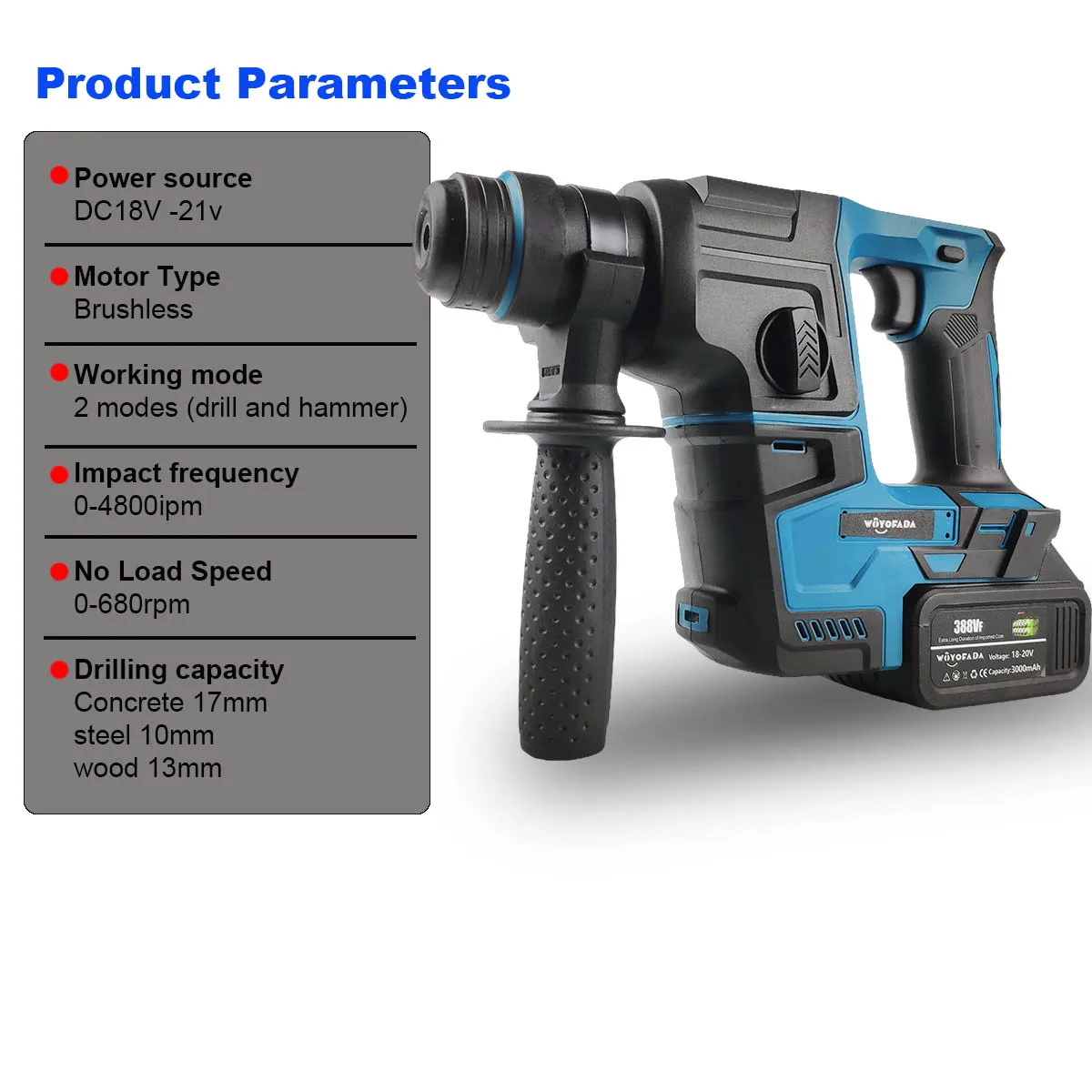 WOYOFADA Brushless Electric Hammer Drill Multifunctional Rotary Cordless Rechargeable Power Tools For Makita 18V Battery