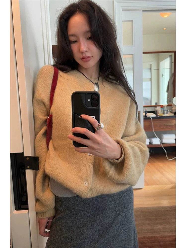 

Knitted Woolen Cardigan Women's Soft Vintage Sle Single Button Long Sve ort Length Warm Casual Faion