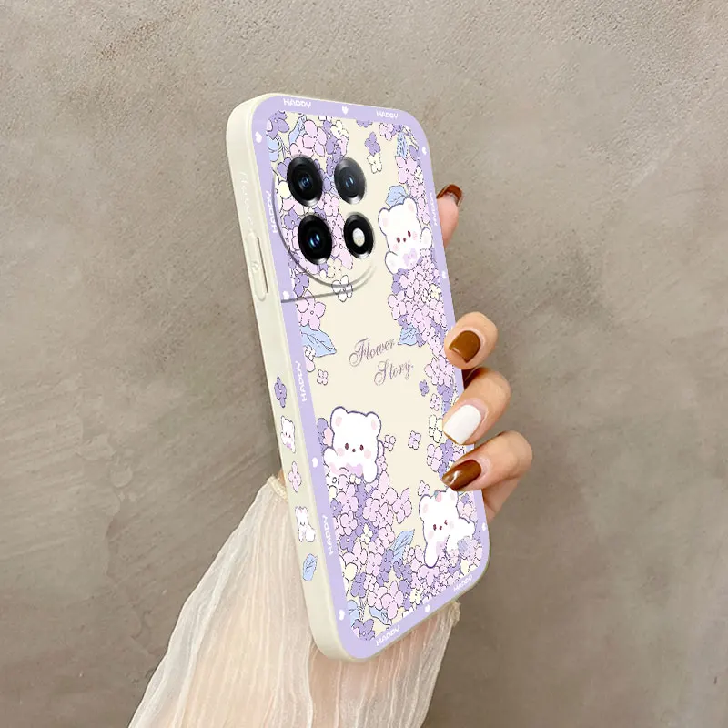 Flower Bush Bear Phone Case For Oneplus 10 10T 10R 9R 9RT 9 8T 8 7 7T Pro 5G Liquid Silicone Cover