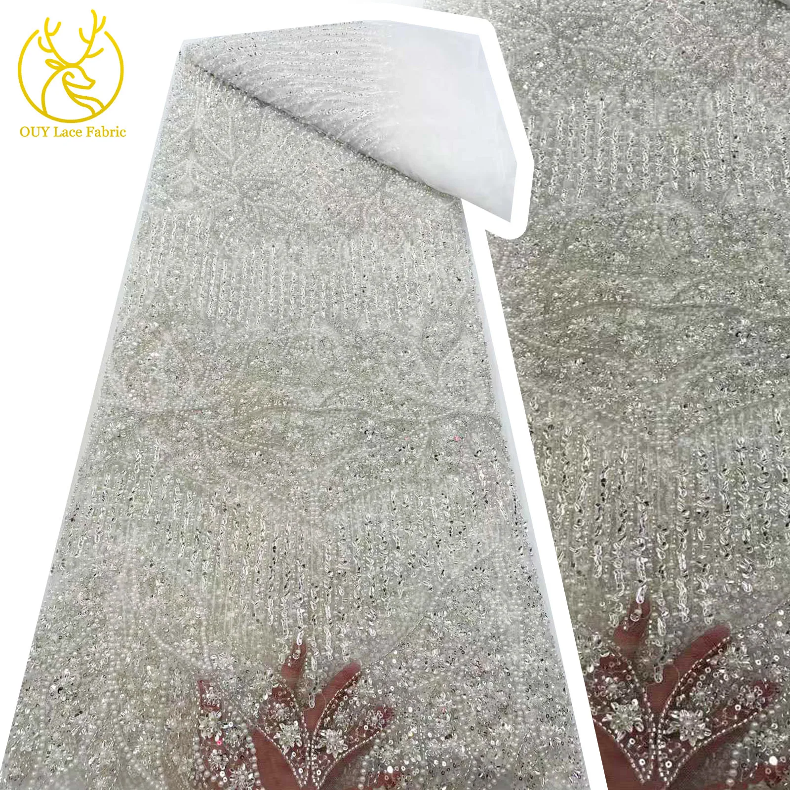 

Newest African Sequin Beaded Lace Fabric 2025 High Quality White French Nigerian Bridal Lace Fabric for Women's Party 5 yards