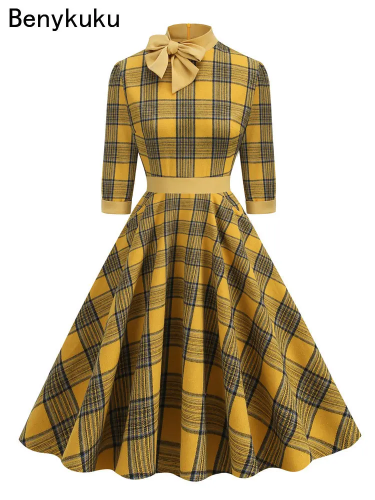 

Plaid Vintage Pocket Midi Swing Dress for Spring Women Clothes Elegant Bow Neck 3/4 Length Sleeve Autumn Dresses 2024 Autumn