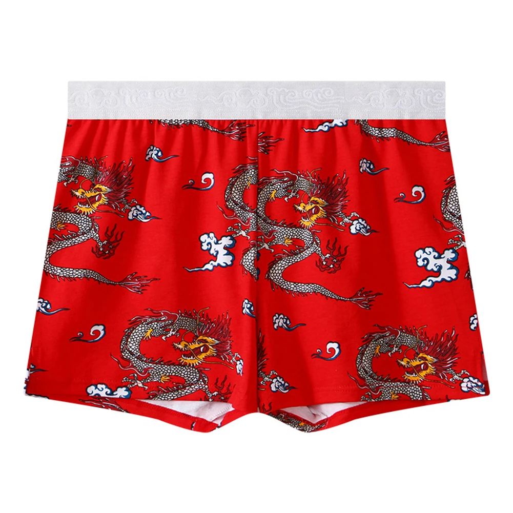 

Mens Cotton Comfortable Soft Boxer Briefs Dragon Printed Underwear Middle Waist Panties Breathable Casual Shorts Loose Homewear