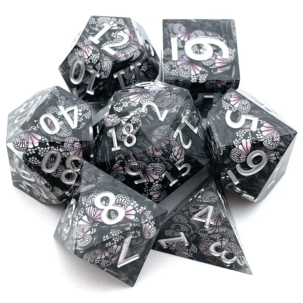 7Pcs Black Butterfly Decor Polyhedral Resin Dice Set Table Games Dices  Accessory D6 D8 D10 D12 D20 For D&d DND