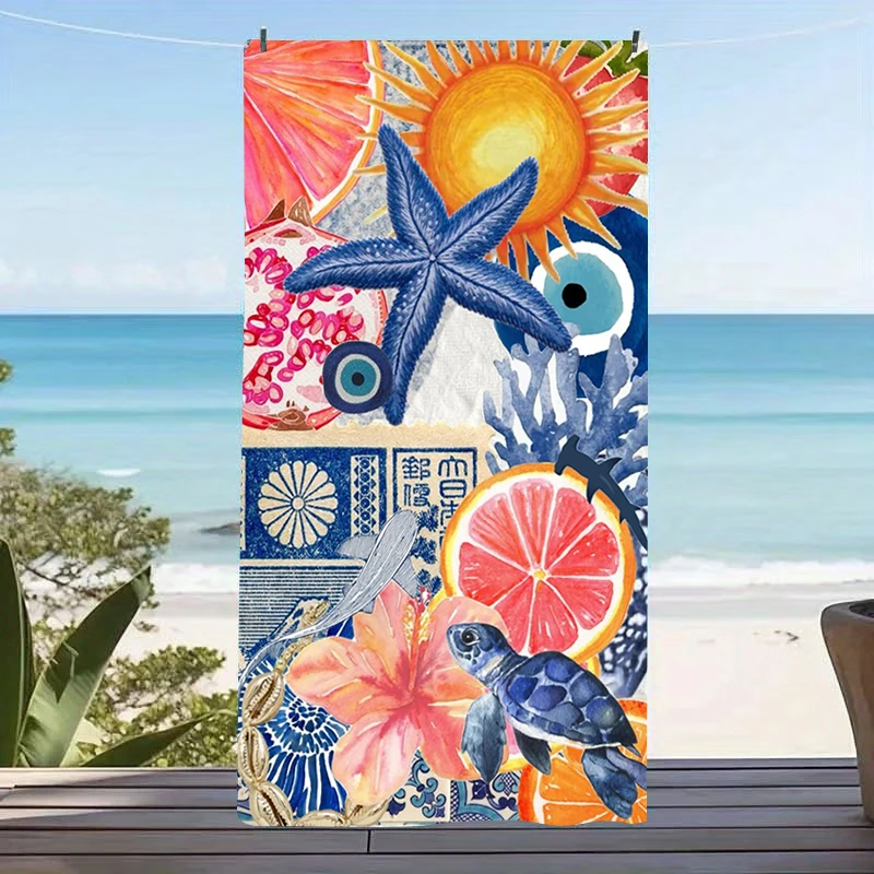 Blue Evil Eye Microfiber Beach Towel Starfish Sea Turtle Bath Blanket Mediterranean Coastal Graphic Pool Towels Travel