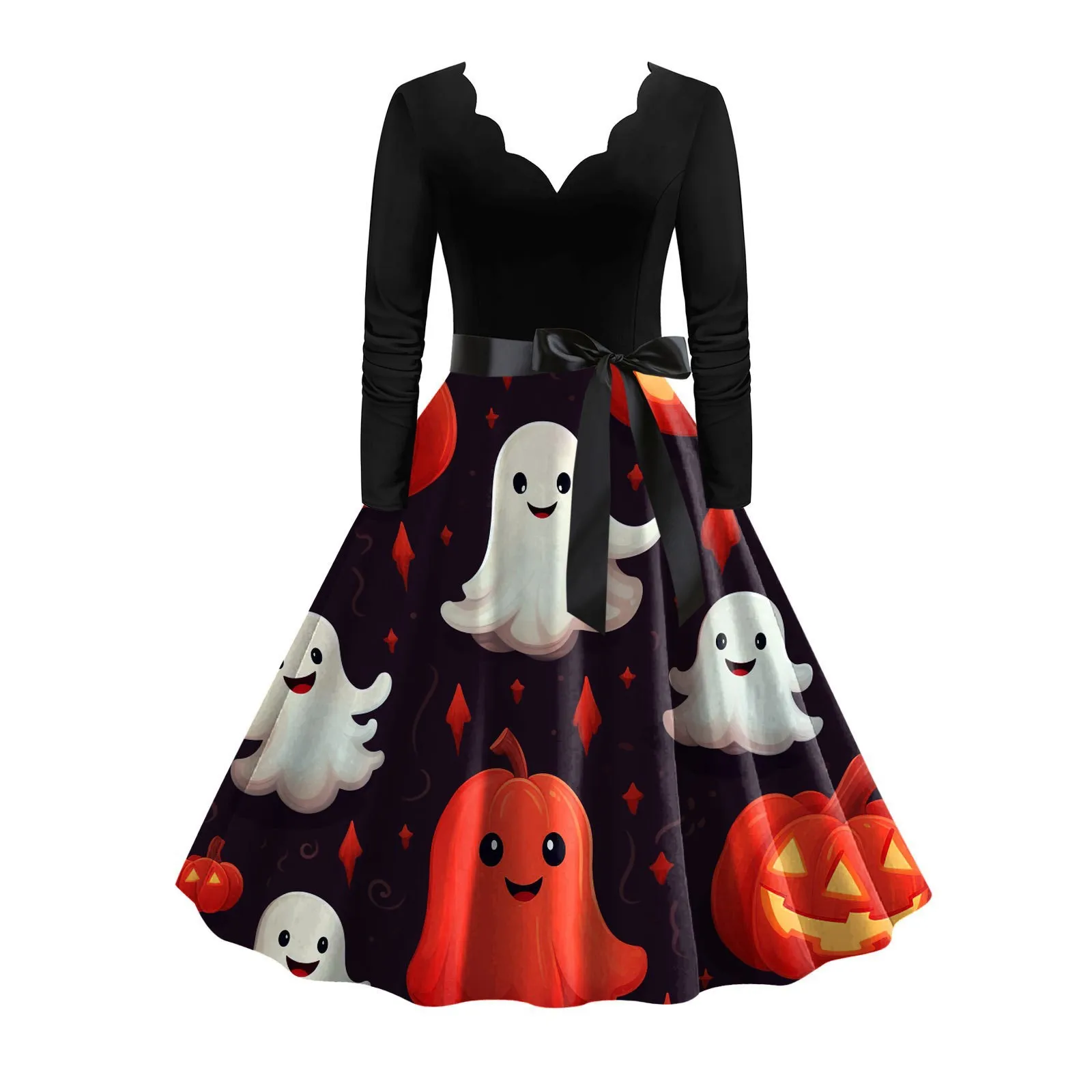 

Women'S Halloween Horror Print Dress Deep V-Neck Long Sleeves Tucked Waist Loose Dress Fashion Trend Casual Long Dresses